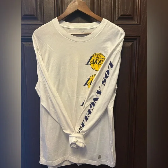 Hollister White Cotton Los Angeles Lakers Long Sleeve Shirt-Size Medium NWOT💜💛 - Picture 3 of 5
